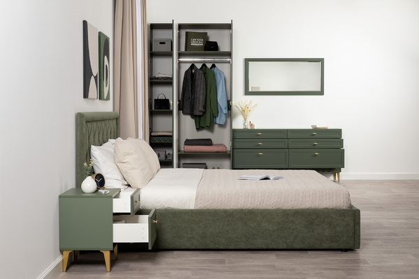 Комод Марион 16.256 дымчатый зеленый K521, олива шагрень AG 1050 ПВХ, белый PE шагрень