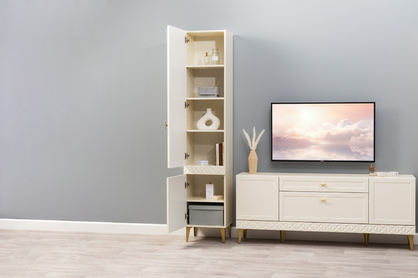 Гостиная Марион композиция 2 слоновая кость С341 PE, слоновая кость 6898 ПВХ, белый PE шагрень (собирается на любую сторону)