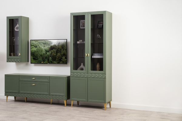 Гостиная Марион композиция 2 дымчатый зеленый K521, олива шагрень AG 1050 ПВХ, белый PE шагрень (собирается на любую сторону)