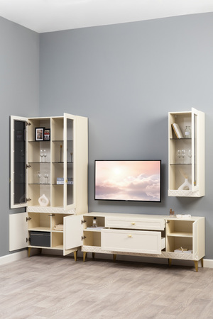 Гостиная Марион композиция 2 слоновая кость С341 PE, слоновая кость 6898 ПВХ, белый PE шагрень (собирается на любую сторону)