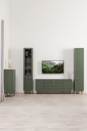 Гостиная Марион композиция 2 дымчатый зеленый K521, олива шагрень AG 1050 ПВХ, белый PE шагрень (собирается на любую сторону)