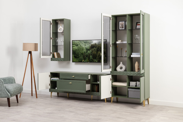 Гостиная Марион композиция 2 дымчатый зеленый K521, олива шагрень AG 1050 ПВХ, белый PE шагрень (собирается на любую сторону)