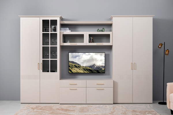 Тумба под ТВ Ричфорд 16.61 кашемир 5981 BS, моно керамика D166-2 ПВХ, белый PE шагрень