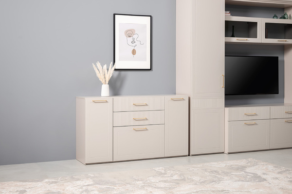 Гостиная Ричфорд композиция 2 без карнизов, кашемир 5981 BS, моно керамика D166-2 ПВХ, белый PE шагрень (собирается на любую сторону)