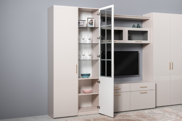 Гостиная Ричфорд композиция 1 без карнизов, кашемир 5981 BS, моно керамика D166-2 ПВХ, белый PE шагрень (собирается на любую сторону)